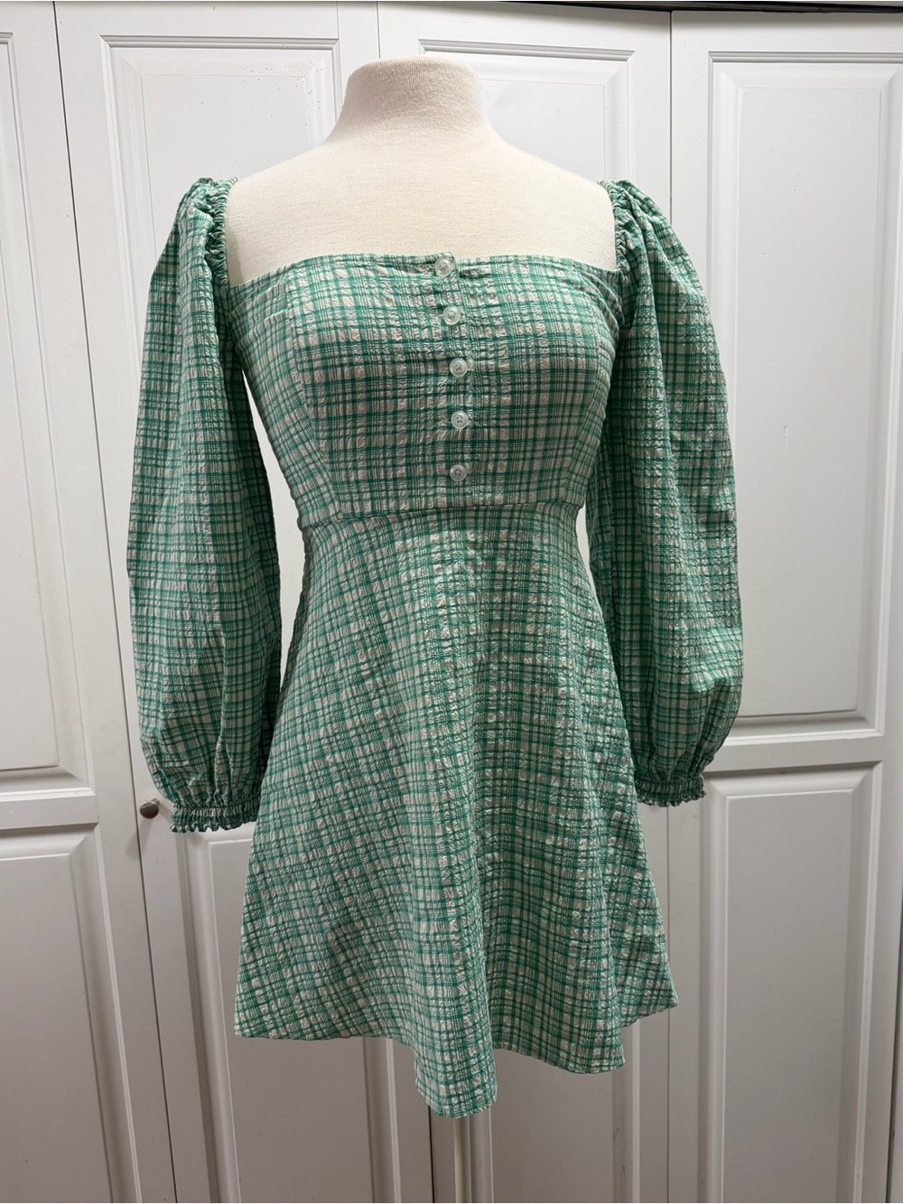 Green Gingham Square-Neck Puff Sleeve Dress